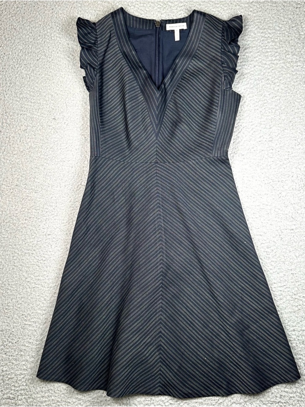 Rebecca Taylor Striped Suiting Dress 0 Linen Blend V Neck Ruffle Fit Flare